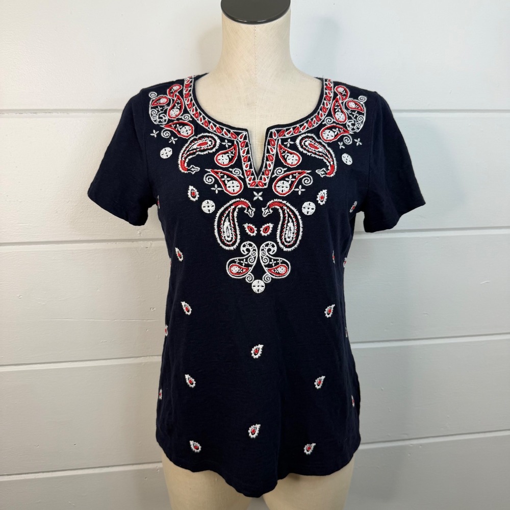 Talbots Petite Medium 100%‎ Cotton Red White Blue Embroidered Shirt